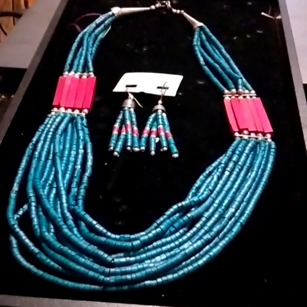 Multi strand small bead and wood necklace with matched dangly earrings